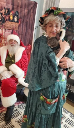 Mrs. Claus holding a kitten with Santa